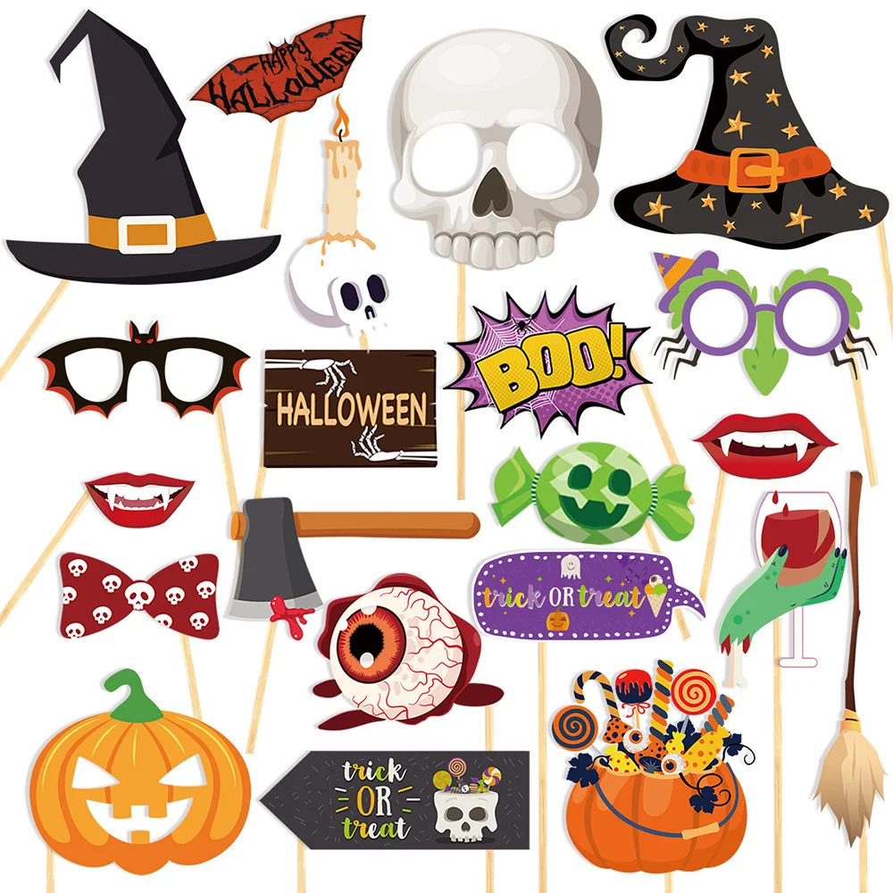 

20 PCS Halloween Photo Booth Props Funny Mask Glasses Pumpkin Ghost Lips Skull Witch Hat Photobooth Props Halloween Party Decor