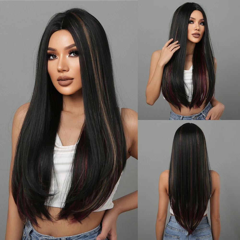 

Long Straight Synthetic Wig Black Mixed Auburn Red Wig Golden Brown Middle Part for Black Women Daily Heat Resistant Fake Hair