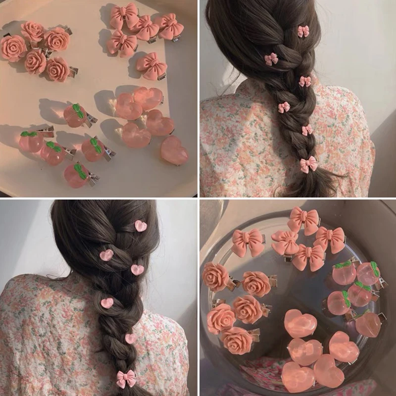 

5Pcs Pink Series Mini Hairpin Rose Heart Bow Peach Hair Clips Girls Small Barrettes Hair Styling Bobby Pin Hair Accessories