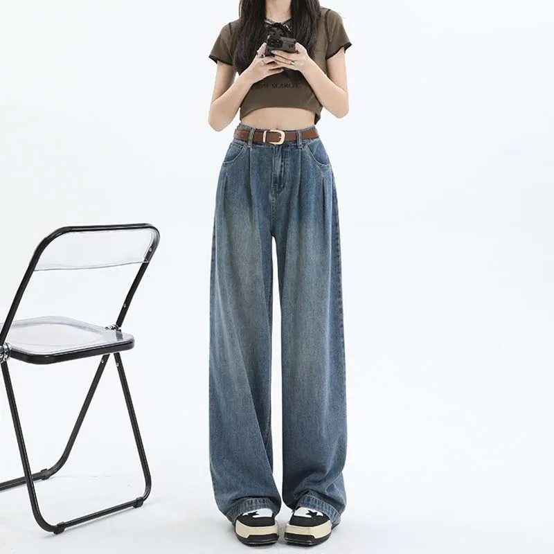 Women Fashion Versatile Vintage Wide Leg Pants Loose Pleated Straight Jeans Fashion Casual New Double Pockets Korean Trousers