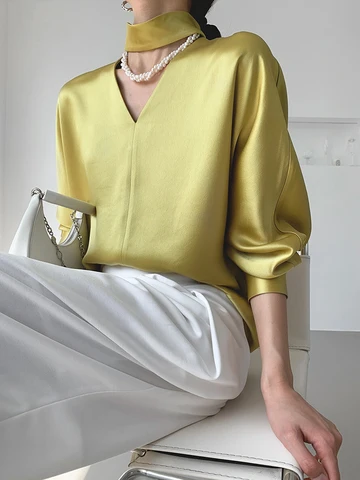 Женская блузка с V-образным вырезом DEAT, офисный однотонный пуловер свободного покроя с длинным рукавом, весна-лето 2024