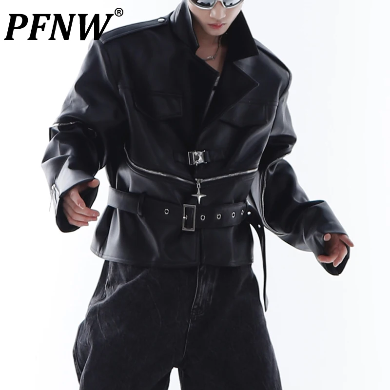 

PFNW Spring Autumn Men's Fashion Darkwear Leather Jackets Metal Zippers Surround Design Shoulder Pad Motorcycle PU Coat 12A8299