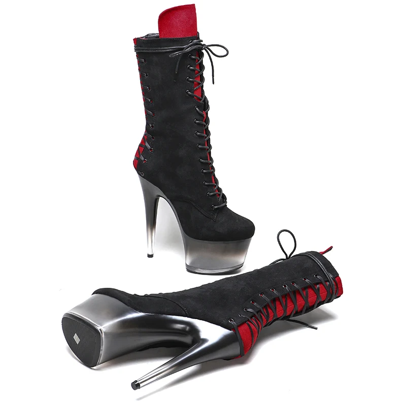 Leecabe  17CM/7inches Suede upper black with red color   fashion   Dancing Party High Heel platform Pole Dance boot