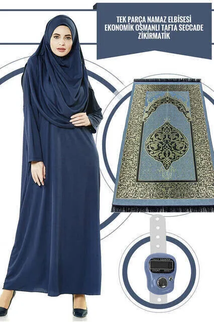 Молитвенное платье IQRAH цельный темно-синий, 5015 и молитвенный коврик и Zikirmatik-тройной костюм