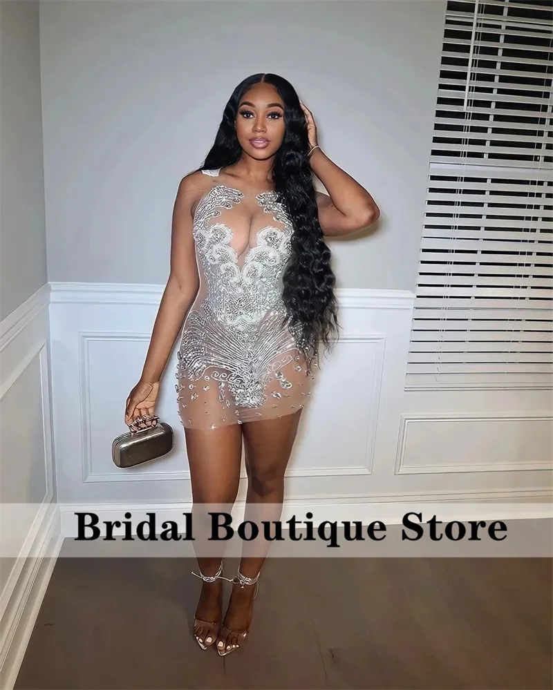 

Stunning Diamonds Sexy See Through Mesh Black Girls Birthday Prom Party Gowns Crystals Rhinestones Silver Short Cocktail Dresses