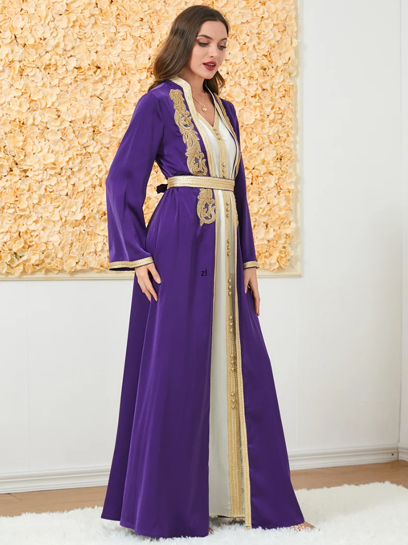 Turkish Dresses For Women Appliques Open Abaya And Button Lace Tape Vest Dress Muslim Sets Ramadan Gown Arabic Islamic Clothes