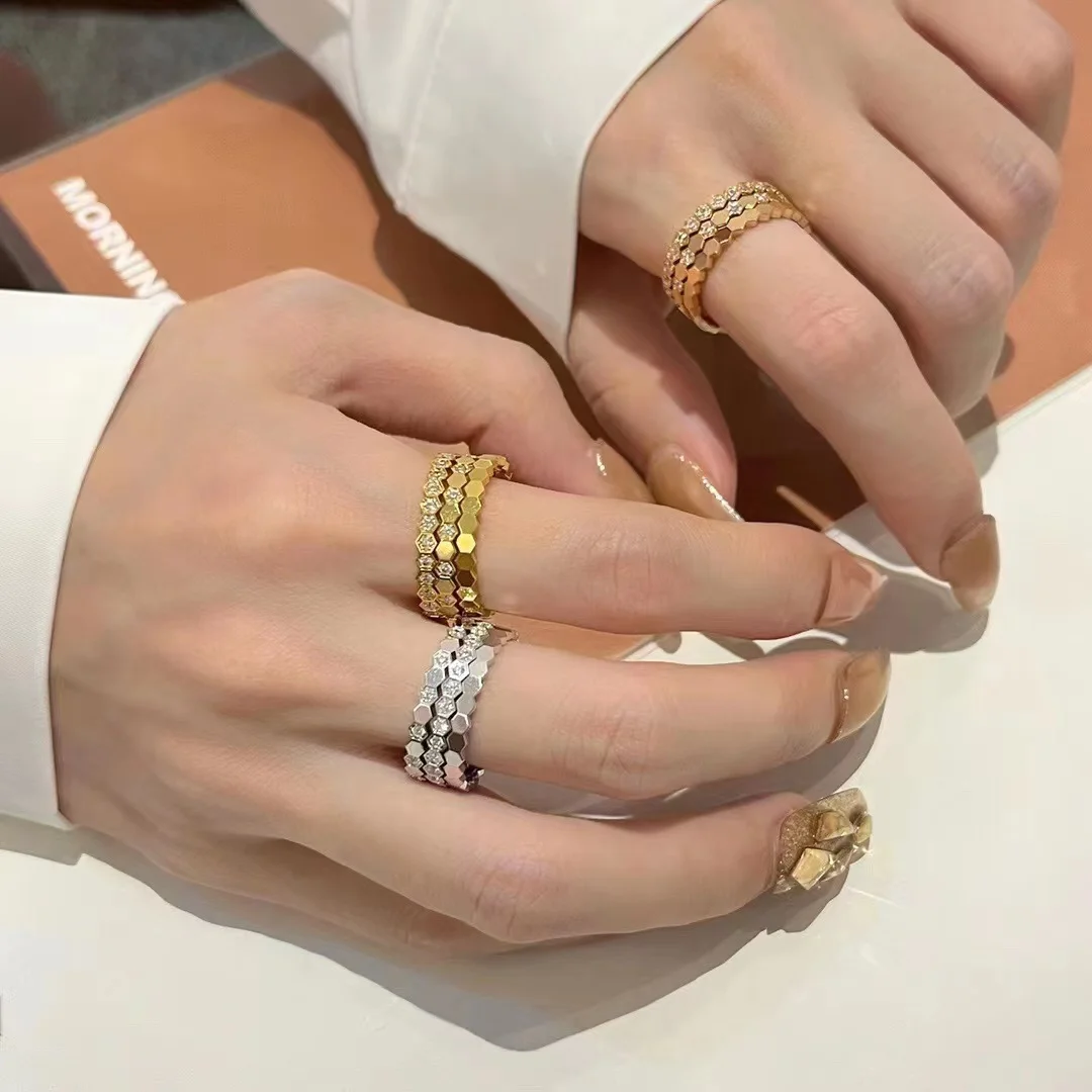 

BEE MY LOVE S925 Honeycomb Rings for Women Luxury Designer Jewelry Matching Couple Stuff Rings Christmas Gift