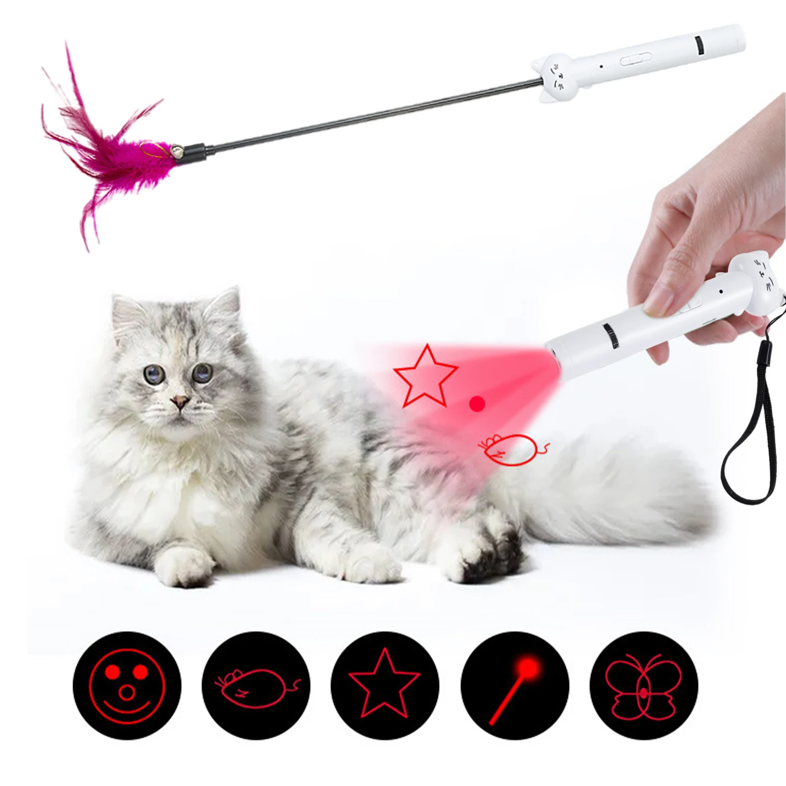 

Usb Charging Funny Cat Stick with Light Pattern Projection Indoor Interactive Cat Toys Pet Supplies Funny Cat Pen with Feather