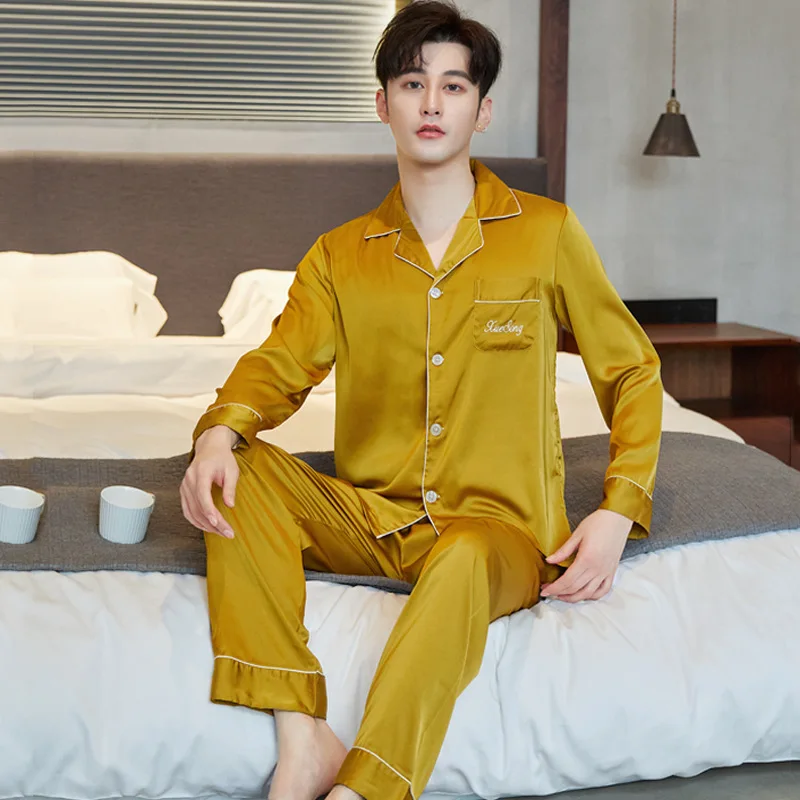 

Spring New Ice Silk Pajamas Men Long Sleeve Thin Suit Age Season Trill Live Big Yards Household To Take Comfortable And Leisure