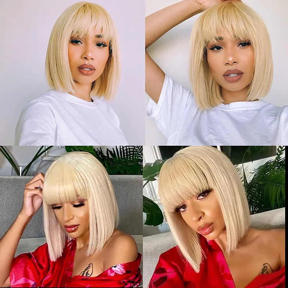 

613 Blonde Short Straight Bob Wig With Bangs for Black Women Brazilian Remy Human Hair Full Machine Made Glueless Fringe
