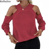 kohuijoo sweaters for women fashion 2022 sexy off shoulder o neck pullovers loose casual long sleeved sweater top oversized
