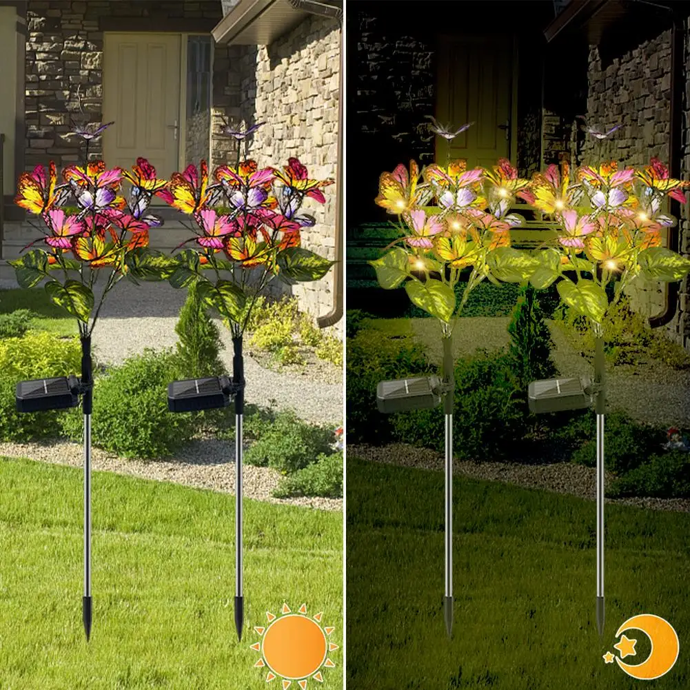 

2pcs Led Solar Simulation Flower Butterfly Lawn Light Waterproof Outdoor Garden Lights With Stake For Garden Balcony Lawn Decor