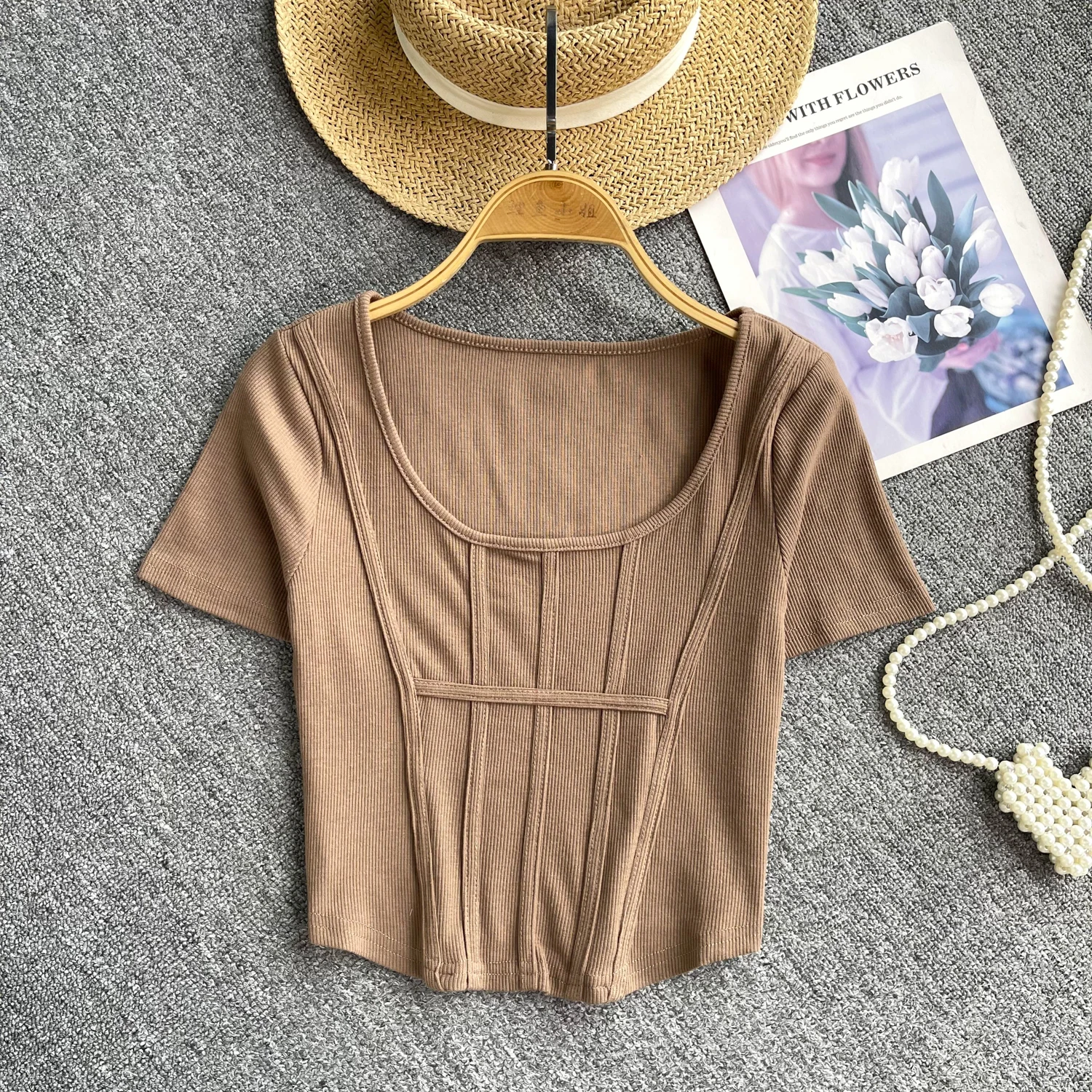 Женская Асимметричная футболка с квадратным вырезом облегающая привлекательная