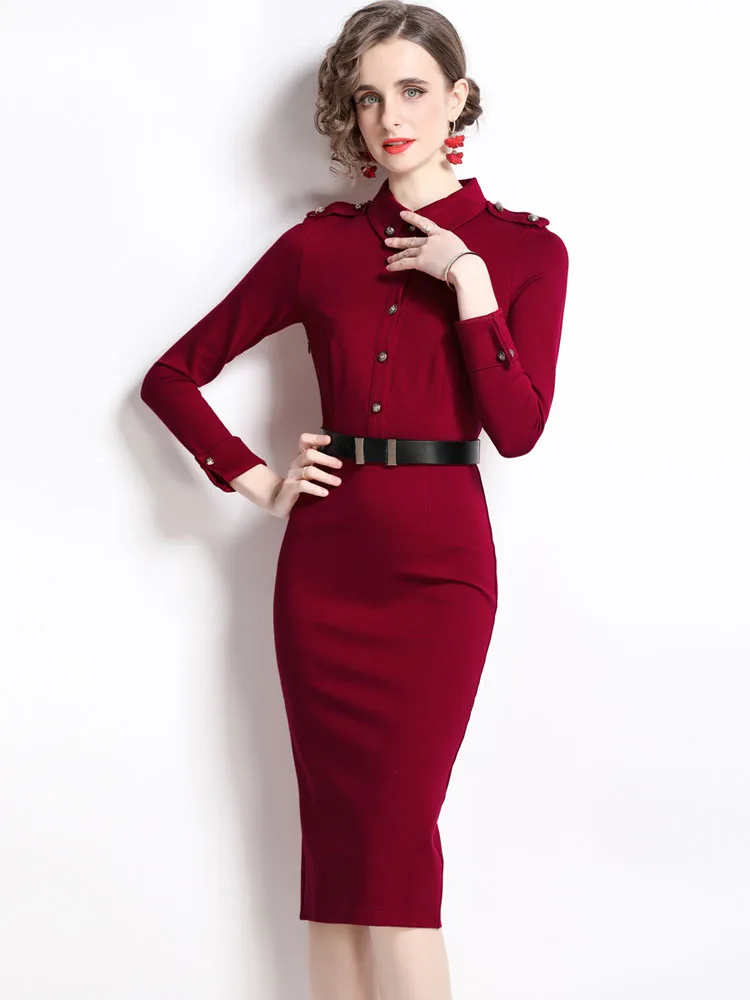 

2022 Summer Women's Dress High Waist Slim Polo Collar Long Sleeves Elegant Red Temperament B59