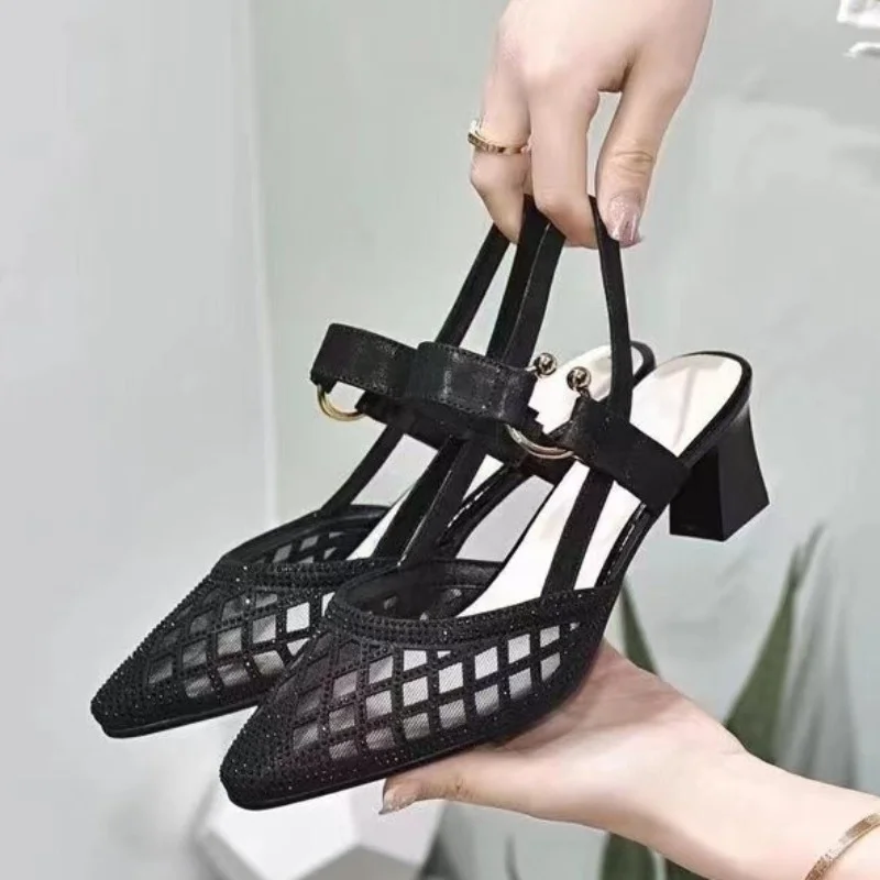 

Women's Pointed Toe Ankle Strap Heeled Shoes 2023 Summer New Closed Toe Chunky Heel Sandals for Women Retro Dress Ladies Pumps