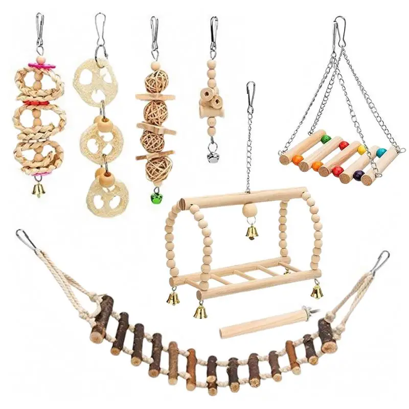 

Bird Cage Toys Accessories 8-piece Natural Wood Toys Bird Swing Toy Suspending Climbing Wooden Bird Cage Chewing Toys For Conure