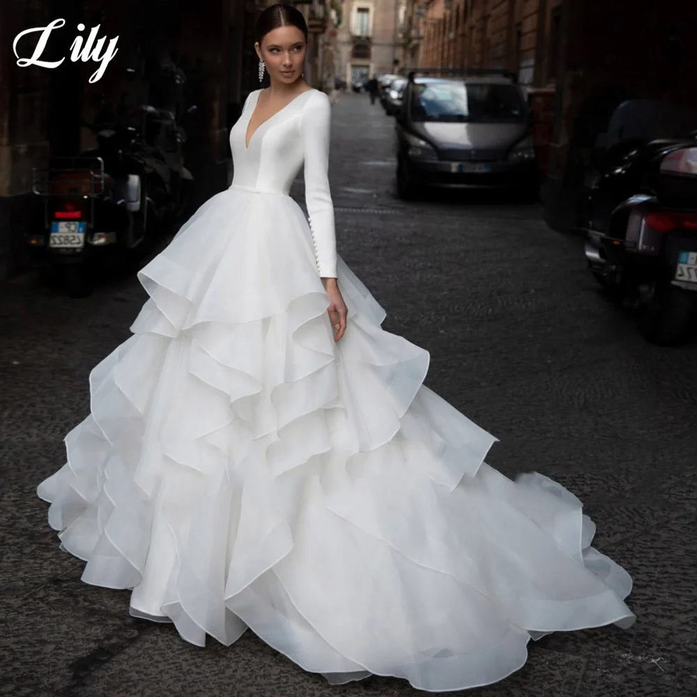 

Modern Wedding Gown Long Sleeve Ruffles Wedding Dress Satin Backless Bride Dresses Sexy Deep V-neck Bridal Gown robe de mariée