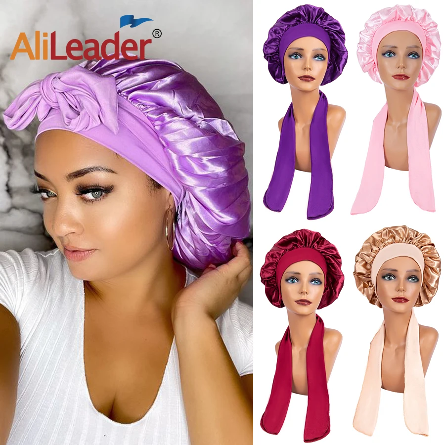 20Pcs Free Customized Silk Satin Bonnet With Tie Band Jumbo Sleeping Bonnet With Elastic Wide Band Edge Wrap Sleep Cap For Women