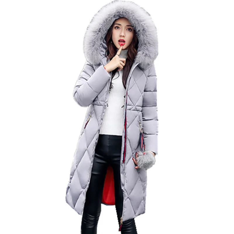 Korean padded clothes middle long big hair collar women's thickened down cotton