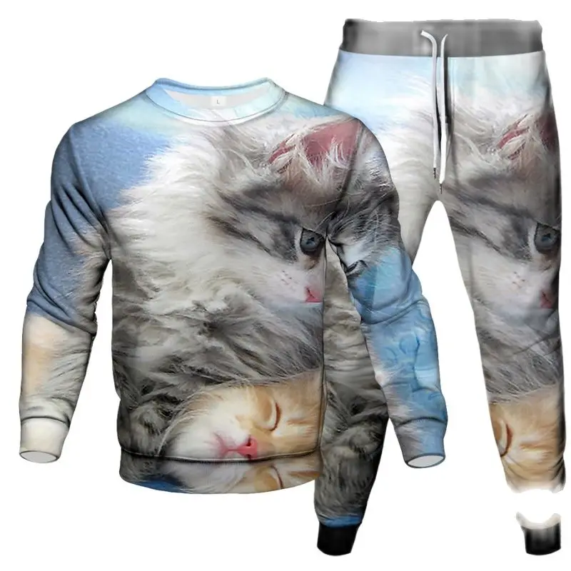 

2023 Spring Men's Sweatshirt Pants 2Pcs Suit Animal Cat 3D Printing Outdoor Casual Clothing Set Unisex Tracksuit Oversized S-6XL