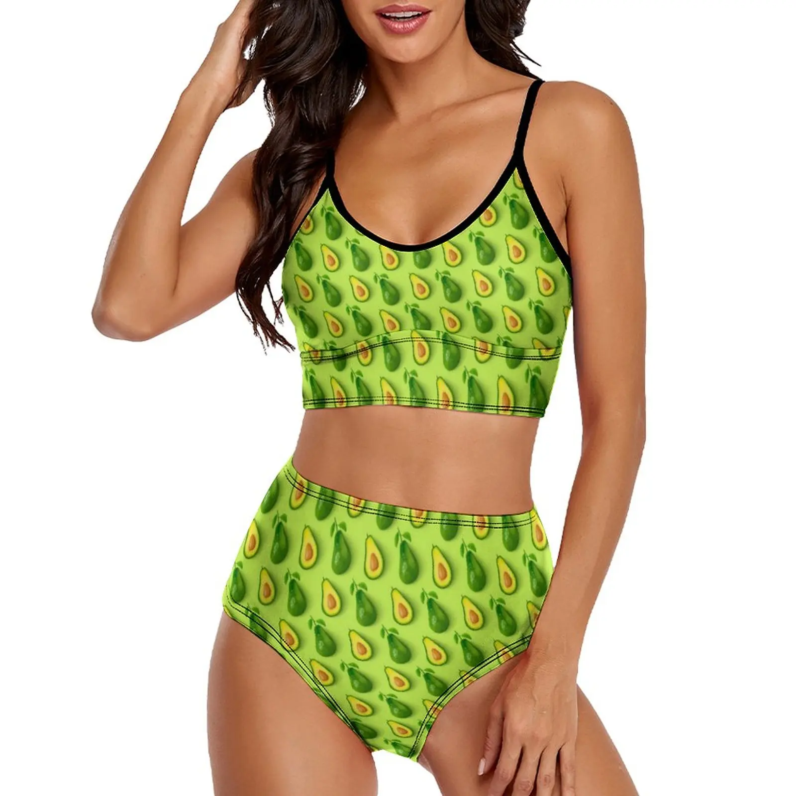 

Бикини пуш-ап женское зеленое с принтом фруктов и высокой талией