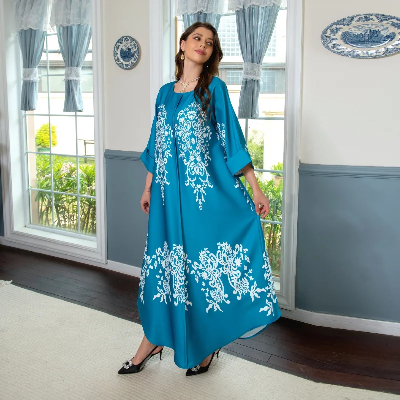 Abaya Dress Muslim Elegant Women 3/4 Sleeve Polyester Yellow Light Purple Long Abaya Muslim Fashion Dress Muslim Dress Women