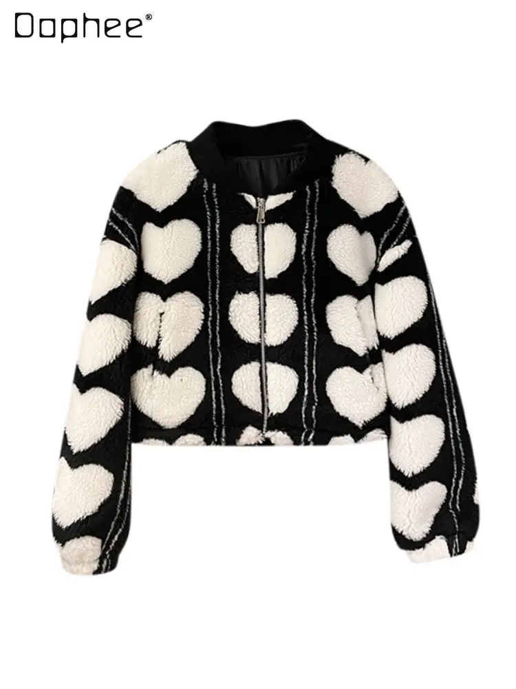 Fashion Laides Cute Love Fur Coat Female 2022 Winter New Loose Temperament O Neck Long Sleeve Imitation Lamb Wool Padded Jacket