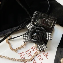 Luxury 3D Camellia PU Leather Alligator Pattern Phone Case For Samsung Galaxy Z Flip 3 5G Checked Bowknot Crossbody Strap Cover