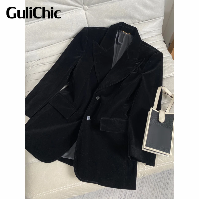 

10.13 GuliChic Women Fashion Casual Solid Color Single Breasted Lapel Velvet Corduroy Slim Blazer