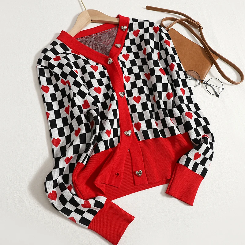 

Hikigawa шикарные модные женские Топы Ретро в клетку Ранняя осень тонкий вязаный свитер с V-образным вырезом на пуговицах с длинным рукавом карг...