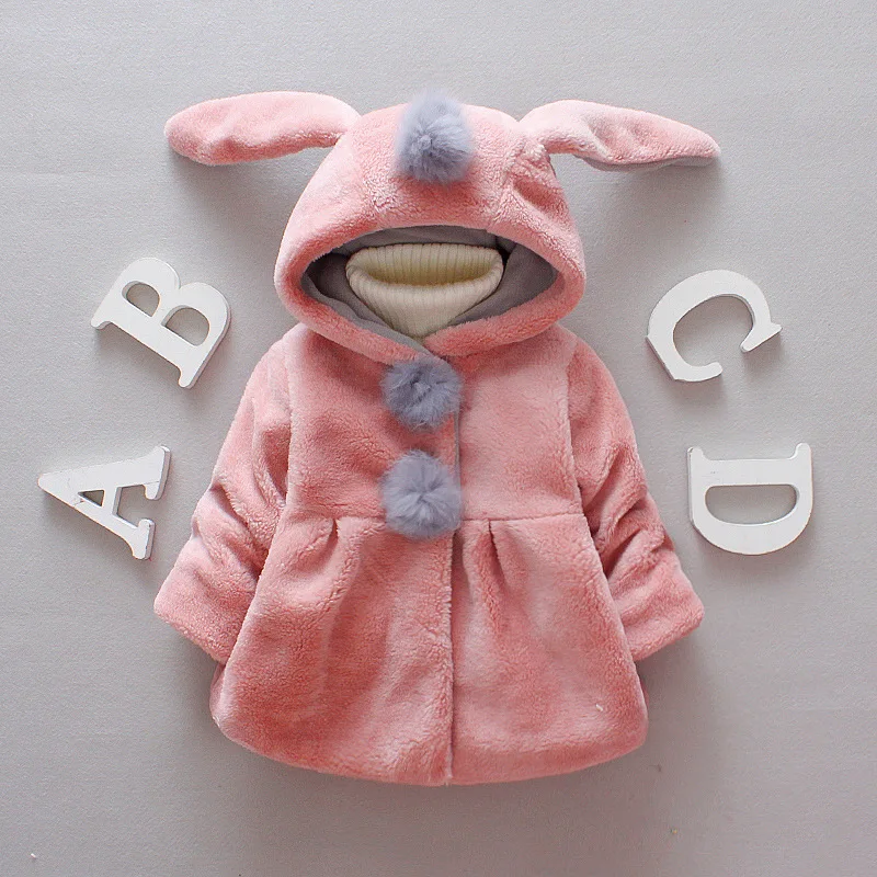 

Baby Girls Jacket With Rabbit Ear Cap 0 to 3 Years Fleece Winter Spring Long Sleeve Button Hooded Coat Children Outerwear Pink