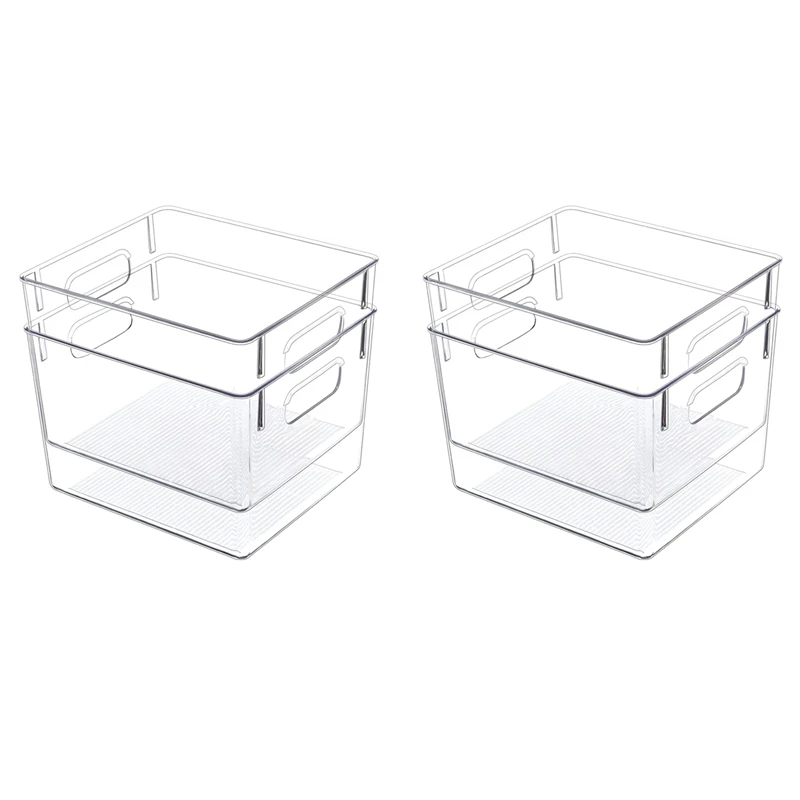 

4 Pack Clear Plastic Storage Bins - Refrigerator Organizer Bins Pantry Organization & Storage Bins With Handle