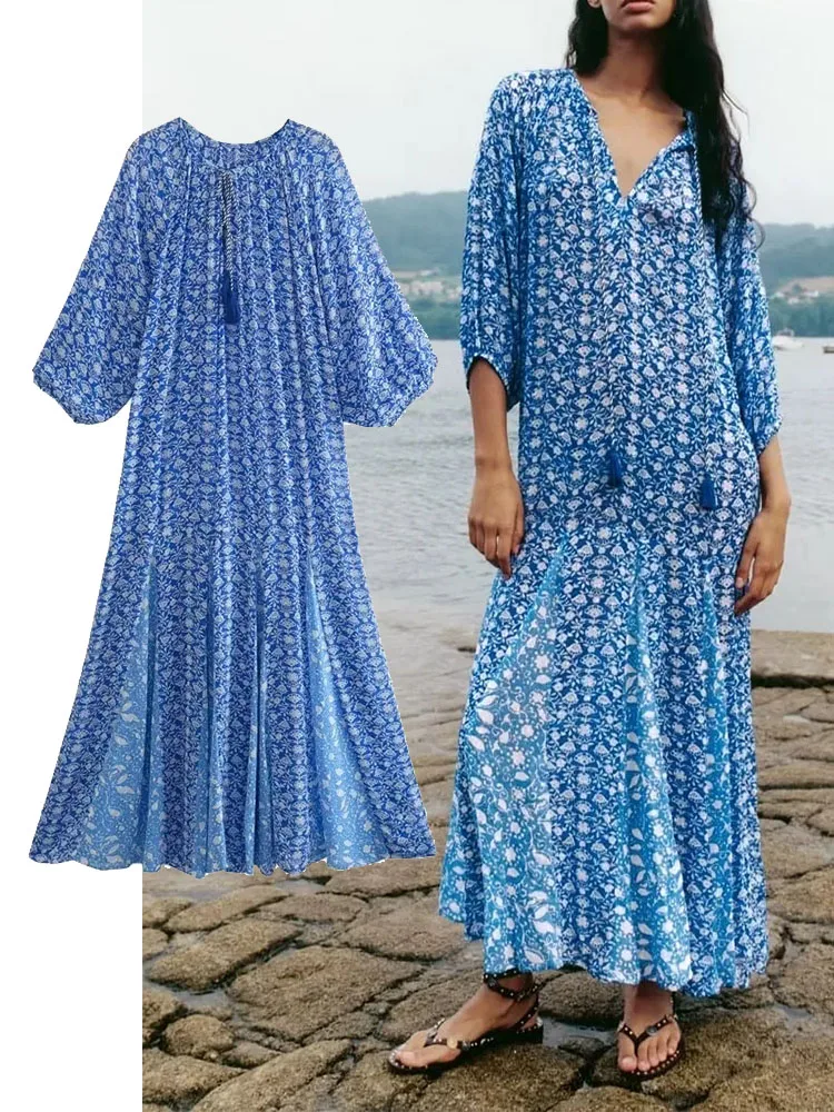 

TRAF Women Dress Summer Boho O Neck Printing Long Dress Holiday Style Casual O-Neck Three Quarter Sleeve Translucent Dress