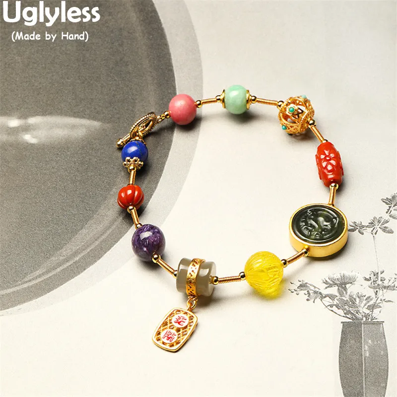 

Uglyless Colorful Like a Rainbow Multi Gemstones Bracelets Women Real 925 Silver Chains Bracelets Agate Jade Lapis Amber Jewelry