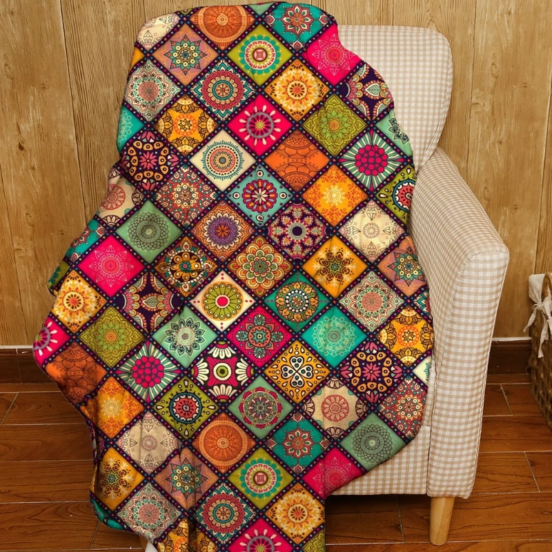

Bohemian Floral Flannel Throw Blanket Vintage Multicolor Checked 3D Digital Print Winter Warm Weighted Shawl Faux Fleece Lining