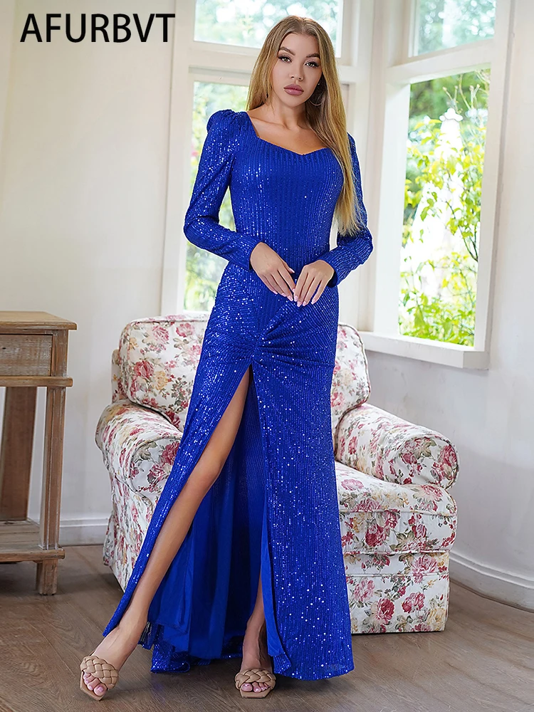 

Женское длинное вечернее платье с блестками, облегающее Платье макси с длинным рукавом и юбкой-годе, ярко-голубого цвета