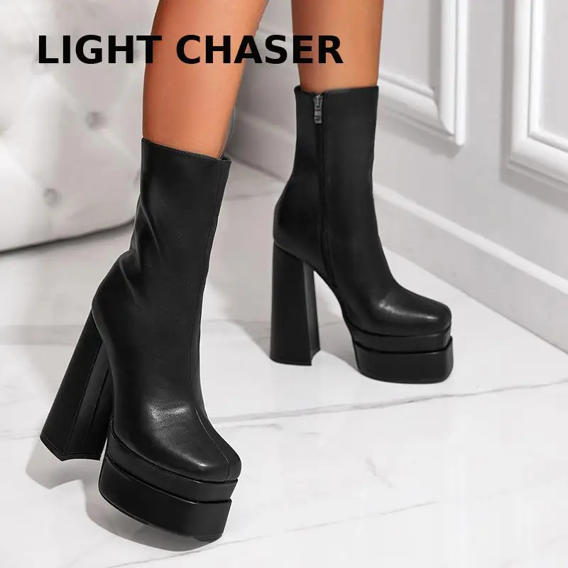 Square Head Thick -heeled Women's Boots Waterproof Table Zipper To Increase Naked Boots Comfortable High Heel Short Boots Female
