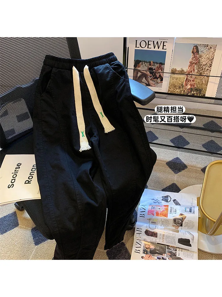 

Женские спортивные брюки на завязках на осень и зиму, свободные прямые брюки с широкими штанинами, Женские винтажные брюки с высокой талией ...