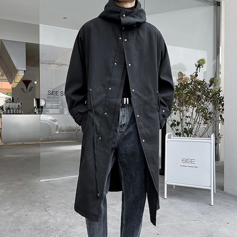 

Autumn mature casual loose hooded mid-length over-the-knee trench coat