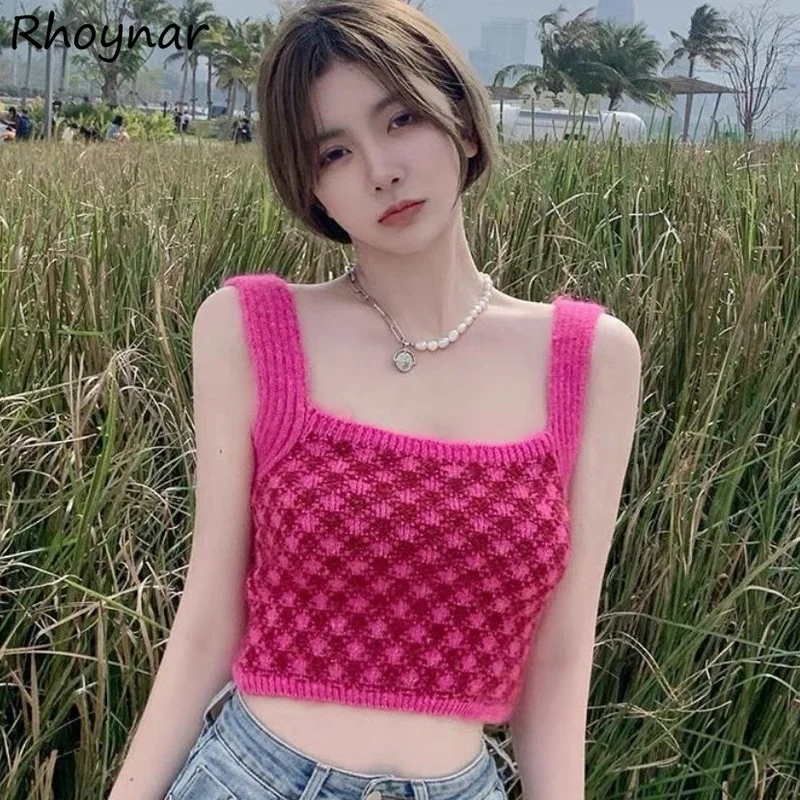 

Tanks Women Lovely Simple Knitting Popular Trendy Summer Clothing Cosy Korean Style Plaid Young Ladies New Arrival College Ins