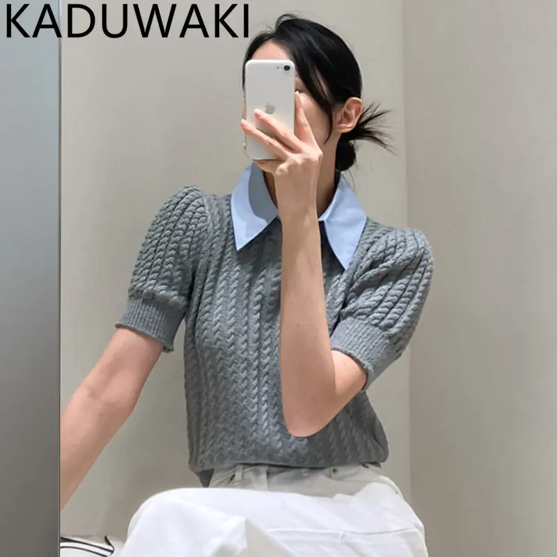 

E GIRLS Summer 2023 New Lapel Patchwork Fake Two Piece Sweaters Simple Vintage Casual Short Sleeve Knitted Tops Korean Style Chi