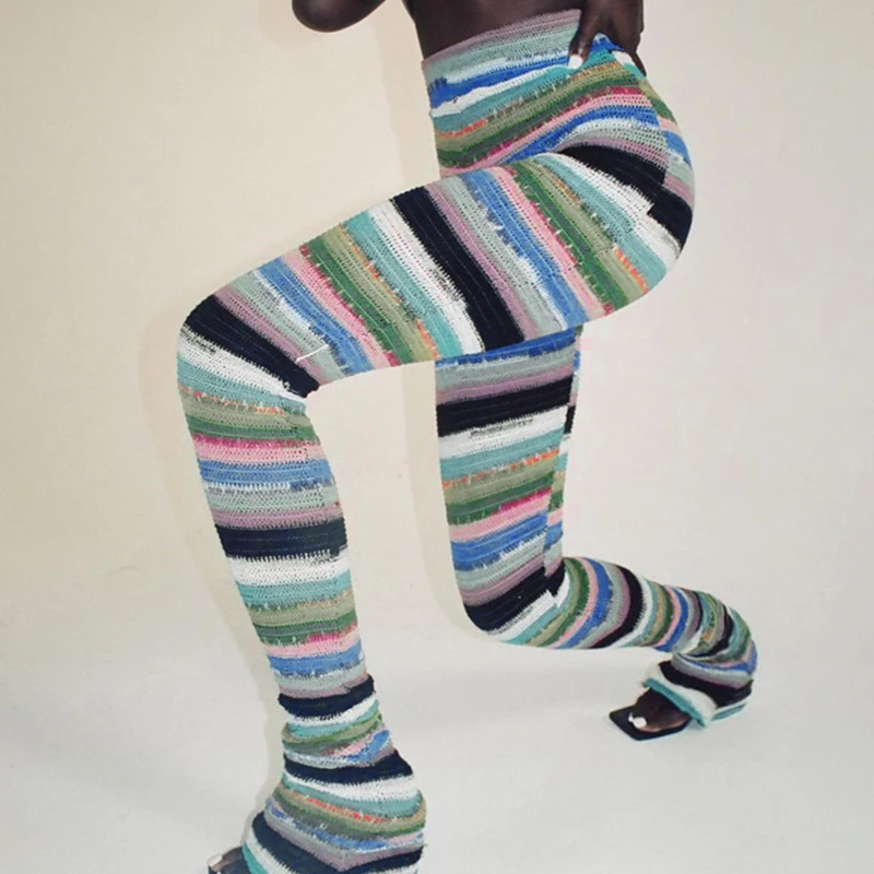 

Разноцветные полосатые трикотажные штаны, уличная одежда, женская одежда в стиле хиппи, Осенние сексуальные очень длинные брюки 2022