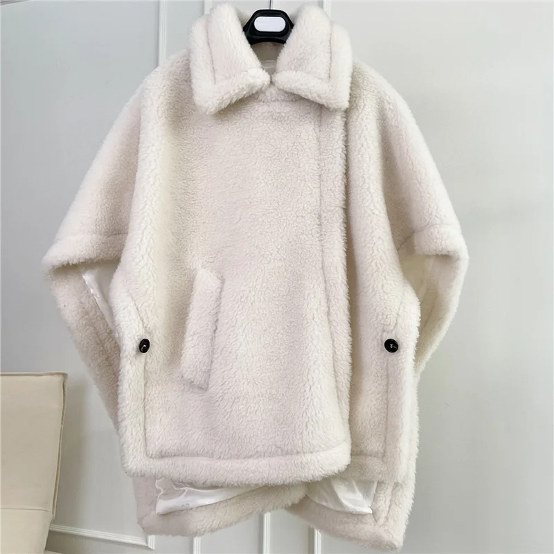 Real Fur Short Cloak Coat Lady 100% Wool Content Woven Fabric Thick Warm Teddy Overcoat Loose Cozy Outerwear Streetwear Oversize