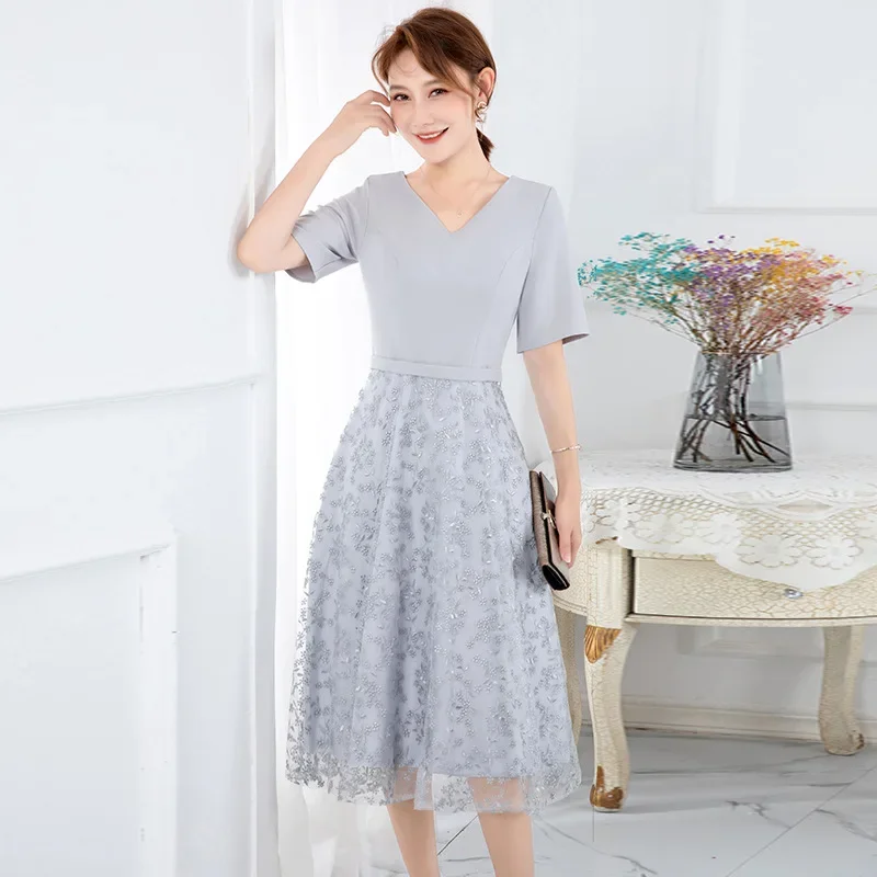 Темно-синее банкетное вечернее платье осень 202 новое тонкое модное с v-образным