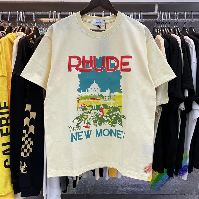 

23SS Rhude letters logo Print Castle Coconut Tree T-shirt Women Men High Quality Oversized T Shirt Top Tees Best Quality