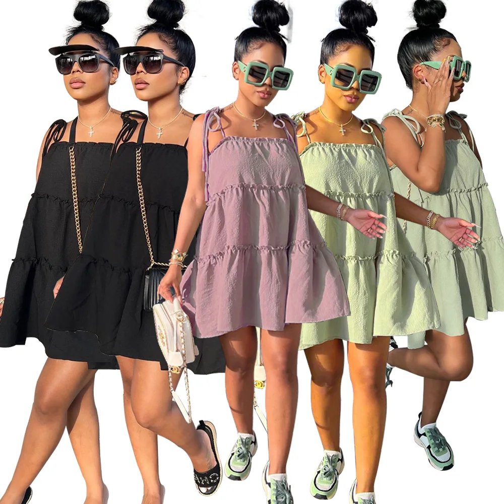 

Casaul Spaghetti Women Mini Dress Loose Strap Solid Color Streetwear Dresses For Women Vestidos
