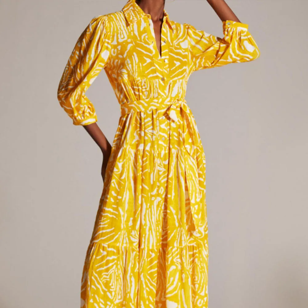 

Новинка 2022 темпераментное женское платье ранней осени ретро с лацканами и поясом с принтом платье с длинными рукавами позиционирование