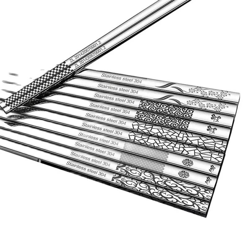 304 Stainless Steel Korean Chopsticks Non-slip Square Laser Engraving Anti-scalding Anti-skid Household Tableware 23.5cm