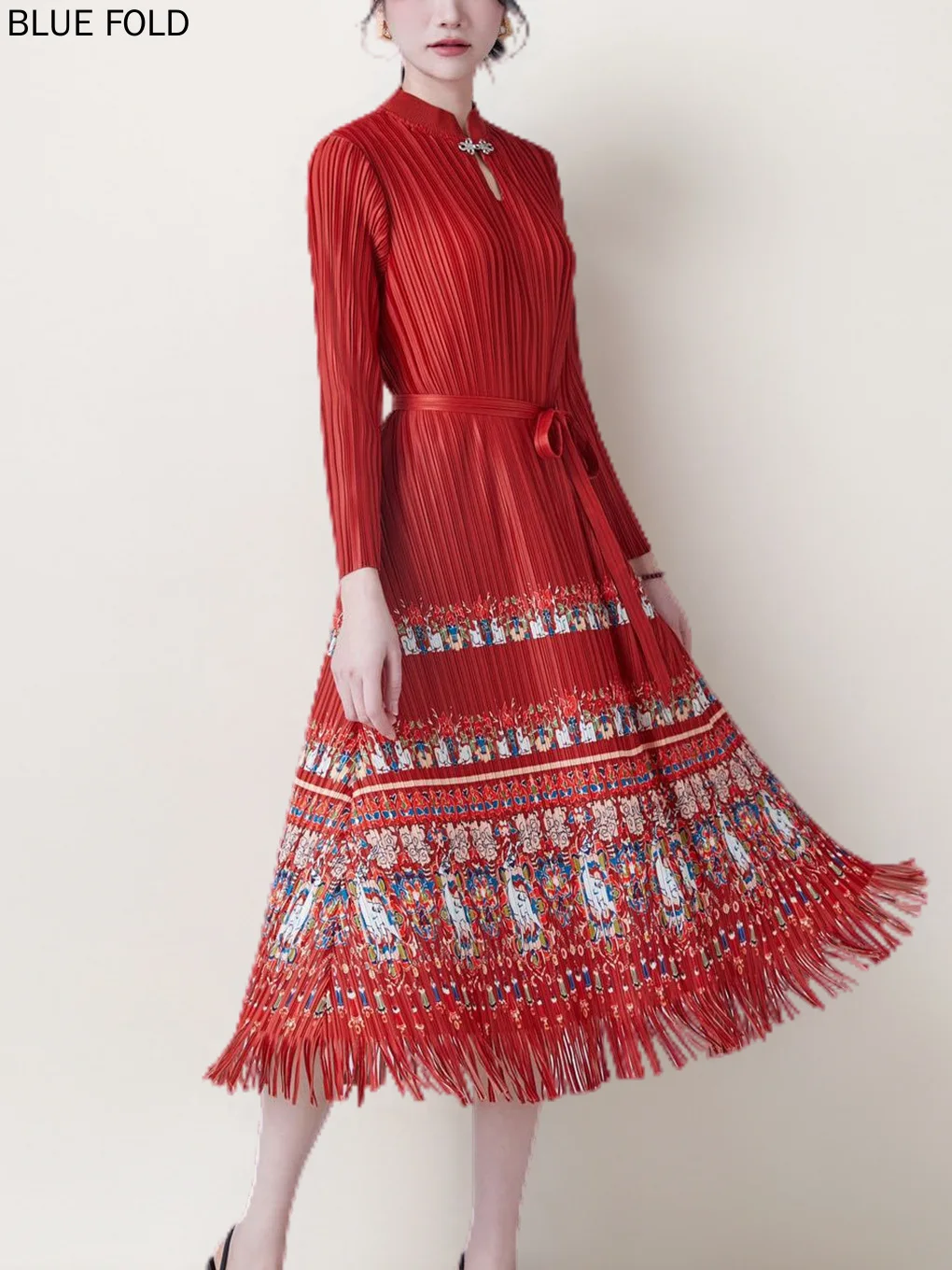 Женское платье Мияке средней длины Новый китайский стиль с принтом на шнуровке