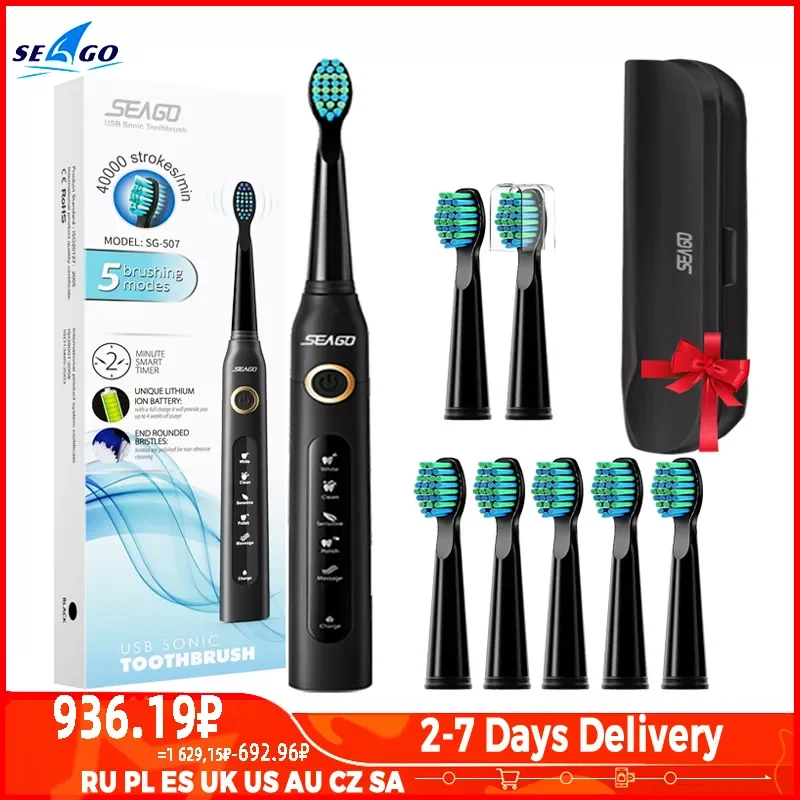 

Seago Sonic Toothbrush SG-507 for Adult Timer Brush 5 Modes USB Charger Rechargeable Tooth Brush Replacement Heads Set